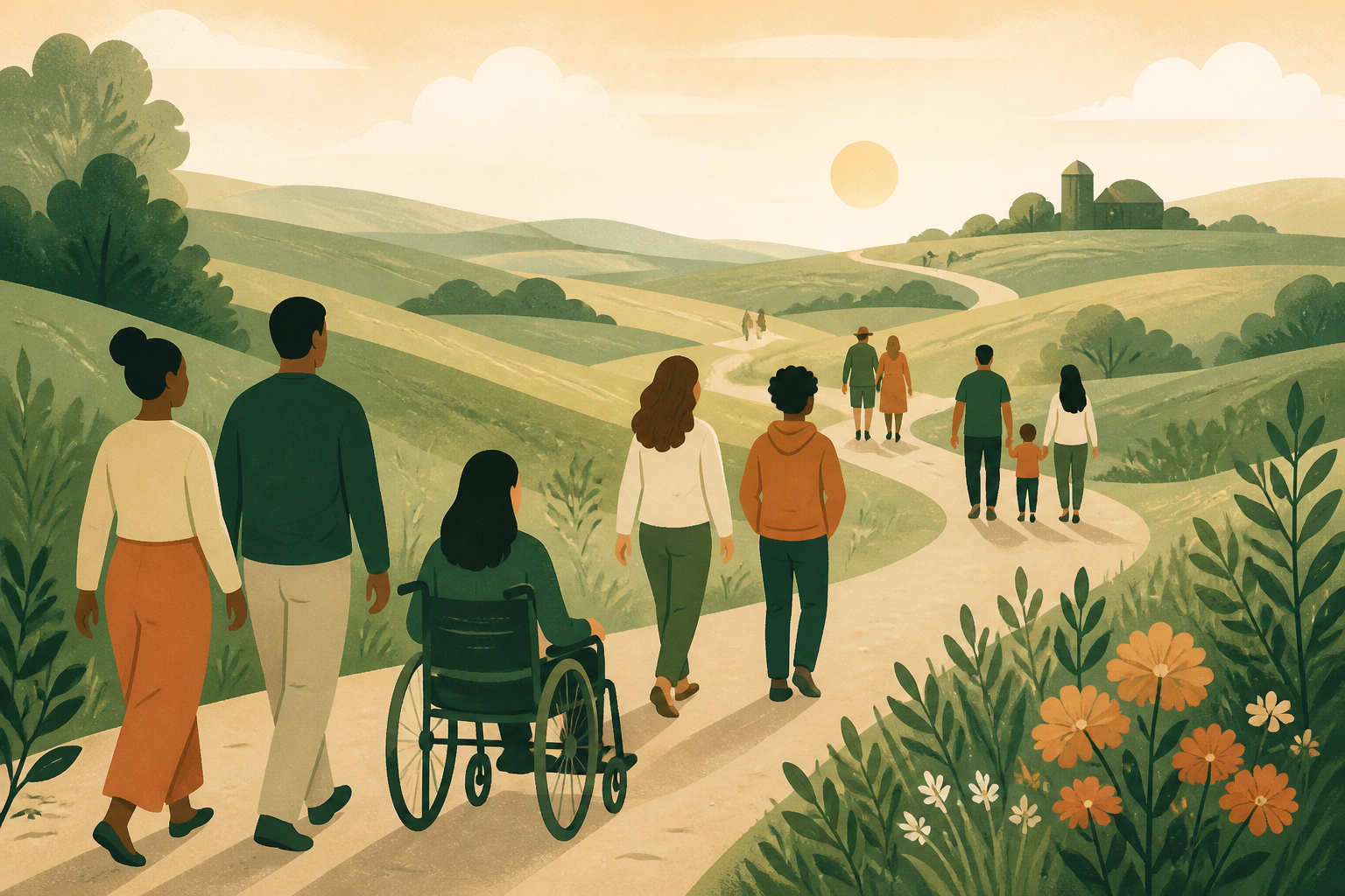 Illustration of community members walking together